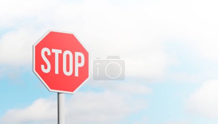 Téléchargez les photos : Conceptual stop sign with blue sky background and copy space. 3D illustration. - en image libre de droit