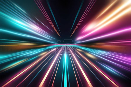 Téléchargez les photos : Speed motion on the neon glowing road at dark. Speed motion on the perspective road. Abstract colored light streaks acceleration. Perspective space gates. illustration. - en image libre de droit