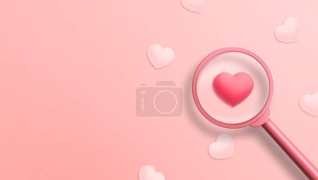 Magnifying glass searching for red heart on pink background. Love concept. Valentine's banner template. 3d illustration.