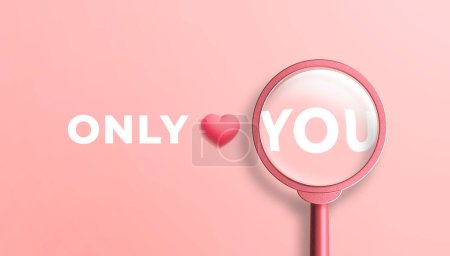 Photo for Only you with red magnifying glass on pink background. Love concept. Valentine's banner template. 3d illustration. - Royalty Free Image