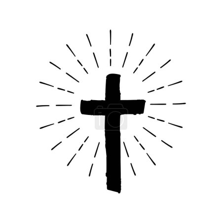 Téléchargez les illustrations : Christian croix signe hipster soleil starburst cercle rétro vintage design isolé sur fond blanc. - en licence libre de droit