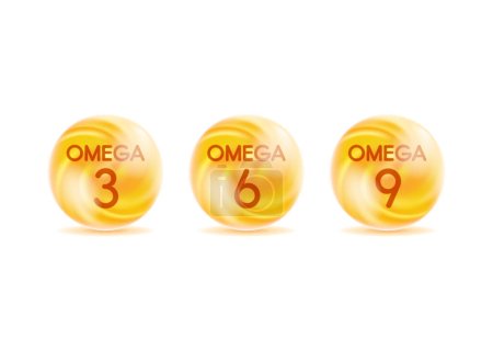 Ilustración de Omega 3, 6, 9 gotas de oro iconos. Grasa poliinsaturada Omega-3, Omega-6, Omega-9. Pescado Natural, Vitamina Orgánica, Nutriente. Ácido graso Omega, EPA, DHA. Cápsula de píldora de gota de vitamina. vector - Imagen libre de derechos