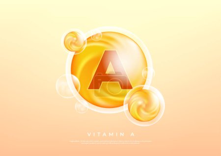 Vitamin A golden vector treatment. Vitamin drop pill capsule. Shining golden essence droplet. Beauty treatment nutrition skin care design. vector
