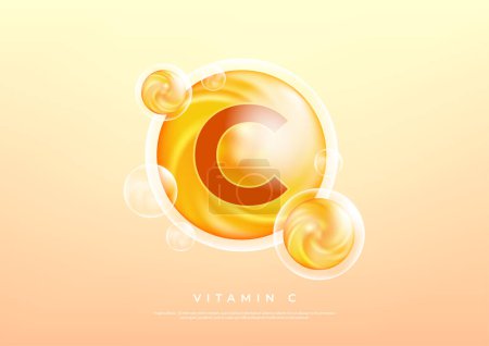 Photo for Vitamin C golden vector treatment. Vitamin gold oil pill icon. Skin care natural nutrition. Ascorbic antioxidant acid drop. Orange medicine capsule. vector - Royalty Free Image