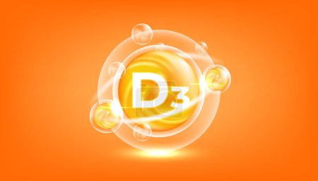 Vitamine D3 brillant pilule capcule icône. holécalciférol vitamine avec formule chimique. Vecteur