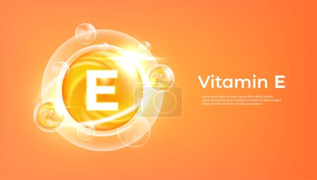 Illustration for Vitamin E golden vector treatment. Vitamin drop pill capsule. Shining golden essence droplet. Beauty treatment nutrition skin care design. vector - Royalty Free Image