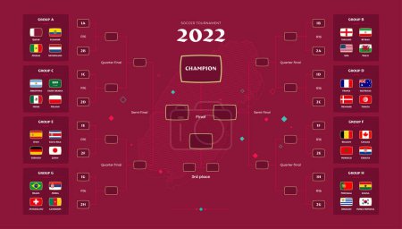 Spielplan Endergebnistabelle der Endrunde 2022, Flaggen der Länder, die am internationalen Fußballturnier in Katar teilnehmen. Vektorillustration