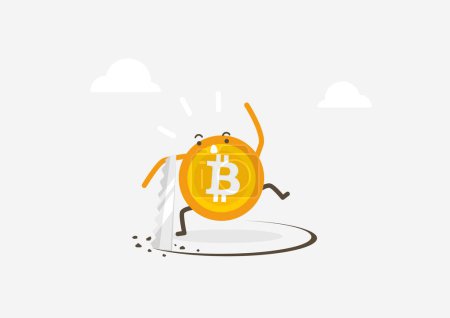 Illustration for Bitcoin with thief sawing the floor to make bitcoin collapse falling down. Cryptocurrency cartoon concept. - Royalty Free Image