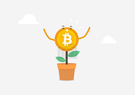 Photo for Happy Bitcoin plant in clay pot. Investment growth, mutual funds or opportunity to make profit and increase wealth. Cryptocurrency cartoon concept. - Royalty Free Image