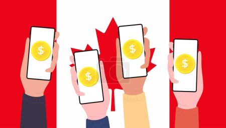 Illustration for Digital Canadian dollar coins on mobile screen of people, CBDC currency futuristic digital money on Canada flag background. vector - Royalty Free Image