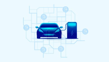 Illustration for EV charging station with charging electric blue car. Map with locations of electric charging stations. vector Illustration. - Royalty Free Image