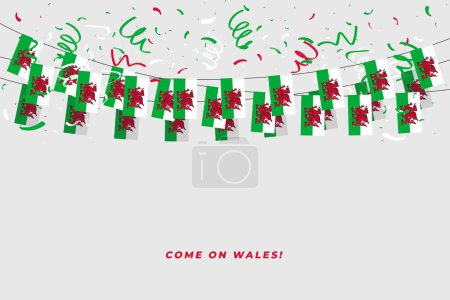 Photo for Wales garland flag with confetti on white background, Hang bunting for Wales celebration template banner. - Royalty Free Image