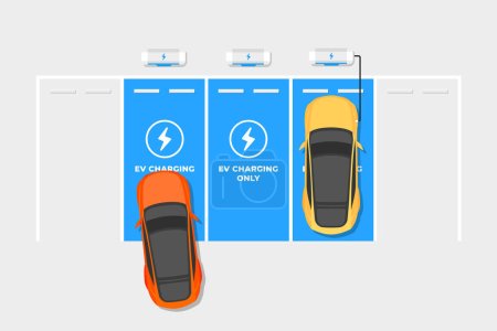 Ilustración de EV Charger stations parking lot. Electric cars charging on empty parking lot area with fast supercharger station. Vector - Imagen libre de derechos