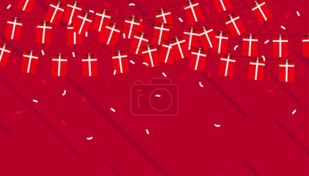 Téléchargez les illustrations : Denmark celebration bunting flags with confetti and ribbons on red background. vector illustration. - en licence libre de droit