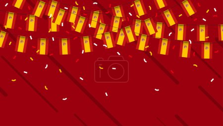 Illustration for Spain celebration bunting flags with confetti and ribbons on red background. vector illustration. - Royalty Free Image