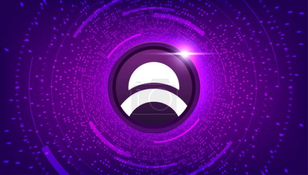 Photo for Mines of Dalarnia (DAR) coin crypto currency themed banner. DAR icon on modern purple color background. - Royalty Free Image