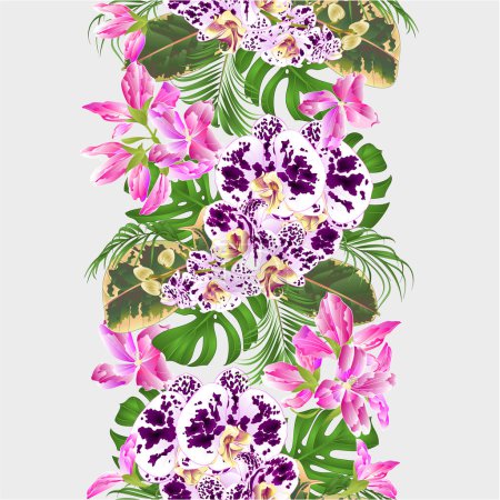 Illustration for Tropical border seamless background orchid spotted Phalenopsis    with   palm,philodendron and ficus vintage vector illustration  editable hand draw - Royalty Free Image