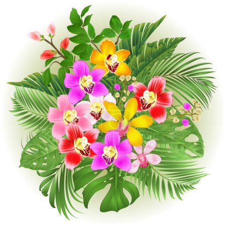 Bouquet mit tropischen Blumen florales Arrangement mit schönen verschiedenen Orchideen Cymbidium Palme, Philodendron und Monstera Vektor Illustration editierbare Handzeichnung