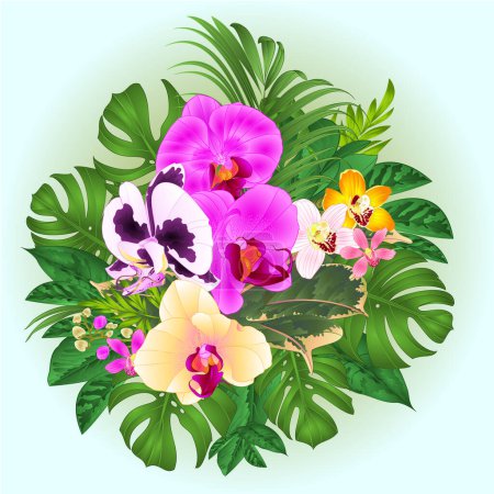 Bouquet mit tropischen Blumen Orchideen Phalaenopsis gelb, weiß, lila und cymbidium Palme, Philodendron, Ficus Natur Hintergrund Aquarell Vektor Illustration editierbare Handzeichnung