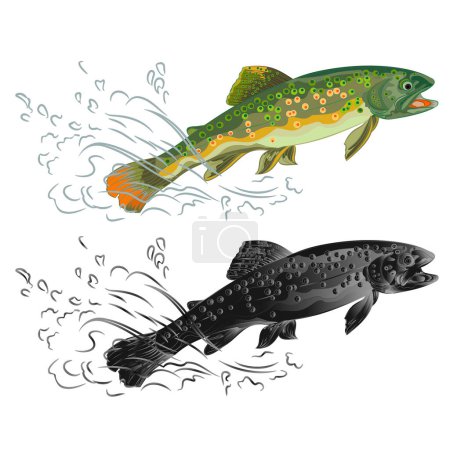 Truite poisson sautant beauté sauvage naturel et comme métal forgé vintage vecteur illustration éditable dessin à la main