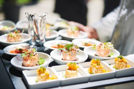 Téléchargez les photos : Tatrare de saumon dans de petites assiettes, traiteur, repas de banquet - en image libre de droit