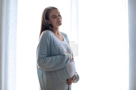Téléchargez les photos : Anticipation. Femme enceinte aux cheveux longs debout près de la fenêtre - en image libre de droit