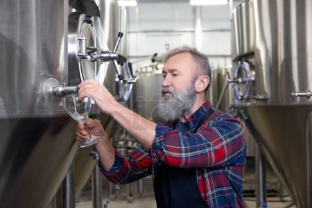 Foto de Producto fresco. Trabajador cervecero vertiendo cerveza fresca en el vaso - Imagen libre de derechos
