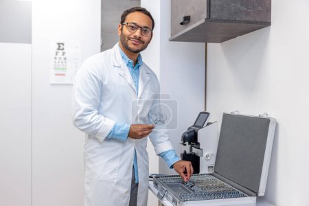 Photo for Optometrist. Male doctor in lab coat standing the box with optometric equipment - Royalty Free Image