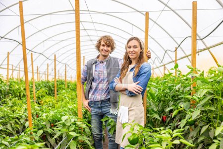 Foto de Cheerful agriculturist and his pleased female colleague standing among the agricultural crops in the greenhouse - Imagen libre de derechos