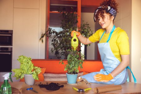 Téléchargez les photos : Home gardening. Ginger young housewife watering the home plants - en image libre de droit