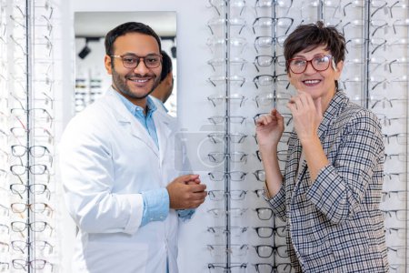Photo for Optical store. Male optometrist helping a woman to choose eyeglasses - Royalty Free Image