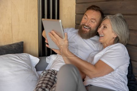 Téléchargez les photos : On internet. Mature couple watching something online and discussing - en image libre de droit