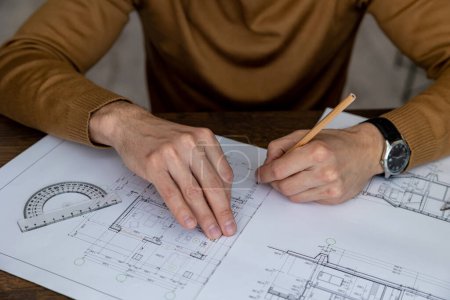 Photo for Unrecognizable architect designer sketching drawing design of house, engineer working on architectural project in office. - Royalty Free Image