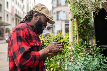 Téléchargez les photos : La verdure. Homme dans une casquette dans la rue regardant les plantes - en image libre de droit