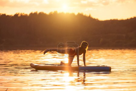 Téléchargez les photos : Jeune femme en posture de yoga pratiquant le paddle sup surf en mer calme au lever ou au coucher du soleil. - en image libre de droit