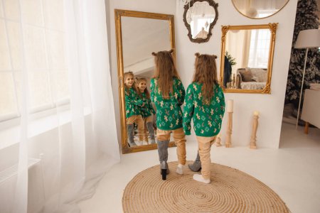 Téléchargez les photos : Jumeaux habiller comme une fée et regarder dans le miroir - en image libre de droit