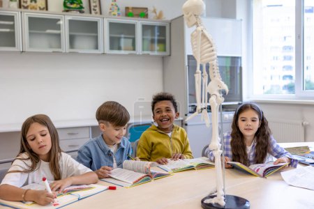Téléchargez les photos : Enfants excités étudiant le squelette humain en classe à l'école. - en image libre de droit