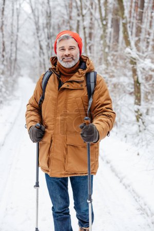 Walk in winter forest. Mature bearded man with scandinavian walk sticks in a winter forest
