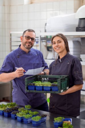 Photo for Woman and man restaurant workers holding microgreen for preparing vegan meal - Royalty Free Image