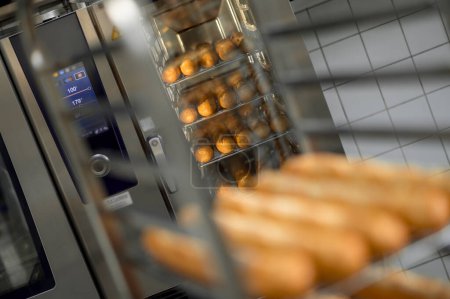 Téléchargez les photos : Plateaux multiples de baguettes fraîchement sortis du four à la boulangerie commerciale - en image libre de droit