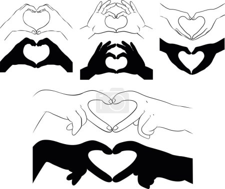 Vector illustration of hands making hearts in different shapes in line art and silhouette mode