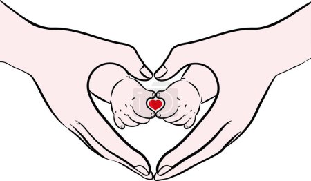 Vektor-Illustration der Hand von Erwachsenen und Babys, die eine Herzgeste oder -form macht, Muttertag, Vatertag