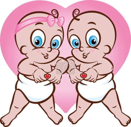 Téléchargez les photos : Illustration vectorielle d'un bébé garçon et d'une fille en couches faisant un signe ou une forme de coeur - en image libre de droit