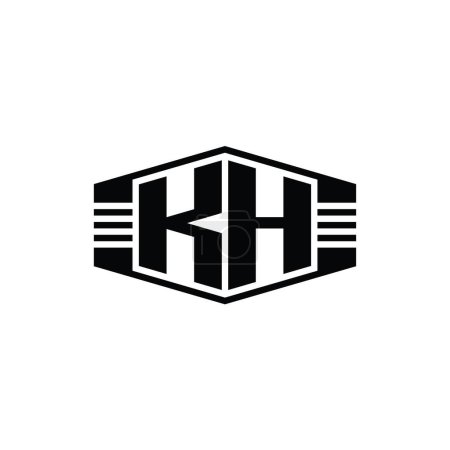 KH Letra Logo monograma hexágono emblema forma con rayas esquema estilo diseño plantilla