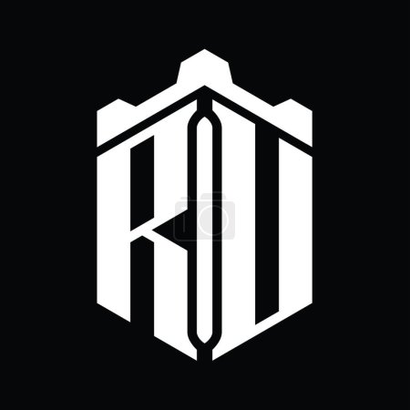 RU Letter Logo monogram hexagon shape with crown castle geometric style design template