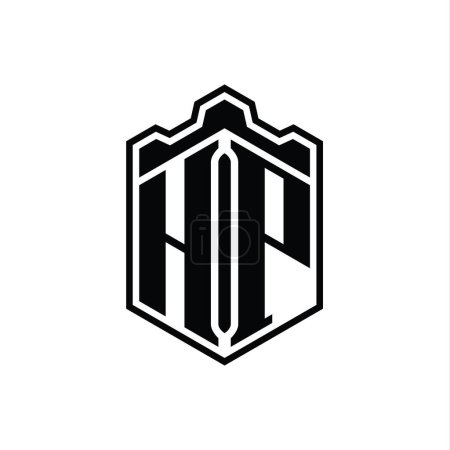 Téléchargez les photos : HP Lettre Logo monogramme hexagone forme de bouclier couronne château géométrique avec modèle de conception de style contour - en image libre de droit