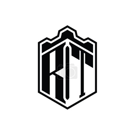 Téléchargez les photos : RT Lettre Logo monogramme hexagone forme de bouclier couronne château géométrique avec modèle de conception de style contour - en image libre de droit