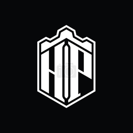 Téléchargez les photos : HP Lettre Logo monogramme hexagone forme de bouclier couronne château géométrique avec modèle de conception de style contour - en image libre de droit