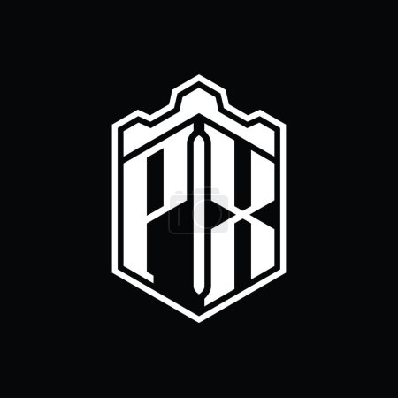 Foto de PX Letra Logo monograma hexágono escudo forma corona castillo geométrico con contorno estilo diseño plantilla - Imagen libre de derechos