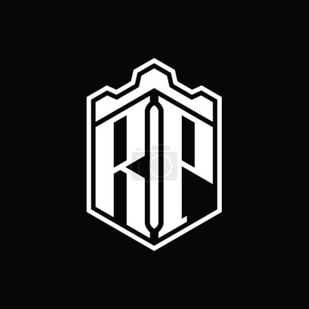 RP Letter Logo monogram hexagon shield shape crown castle geometric with outline style design template